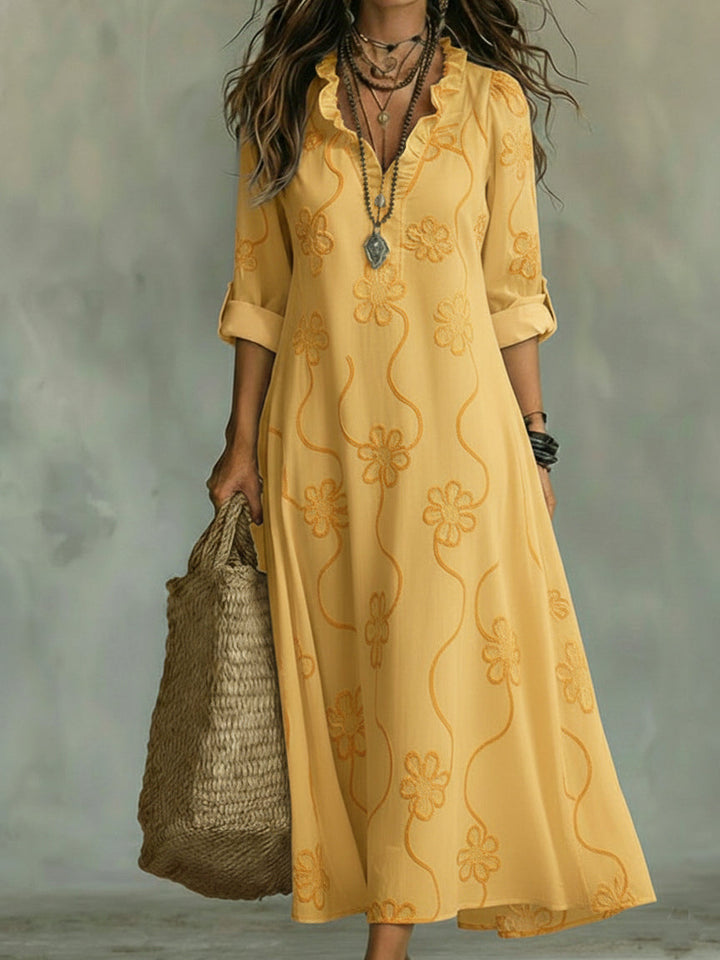 Kallie - Embroidered V Neck Maxi Dress Casual Fit