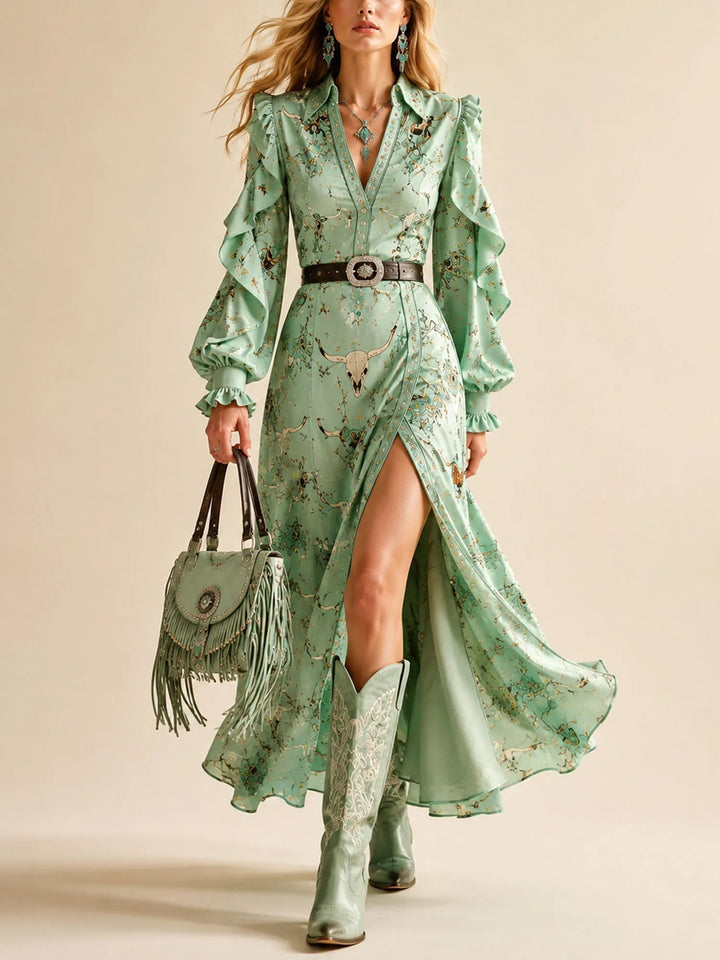Vintage Western-Print Ruffled Long-Sleeve Slit Maxi Dress (Belt Included)