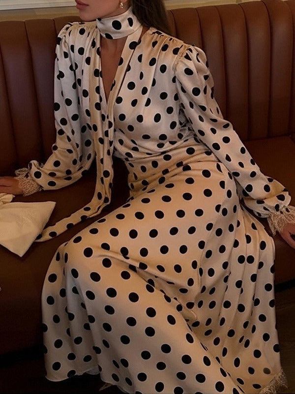 Elegant Polka-Dot V-Neck Puff-Sleeve Waist-Defining Dress