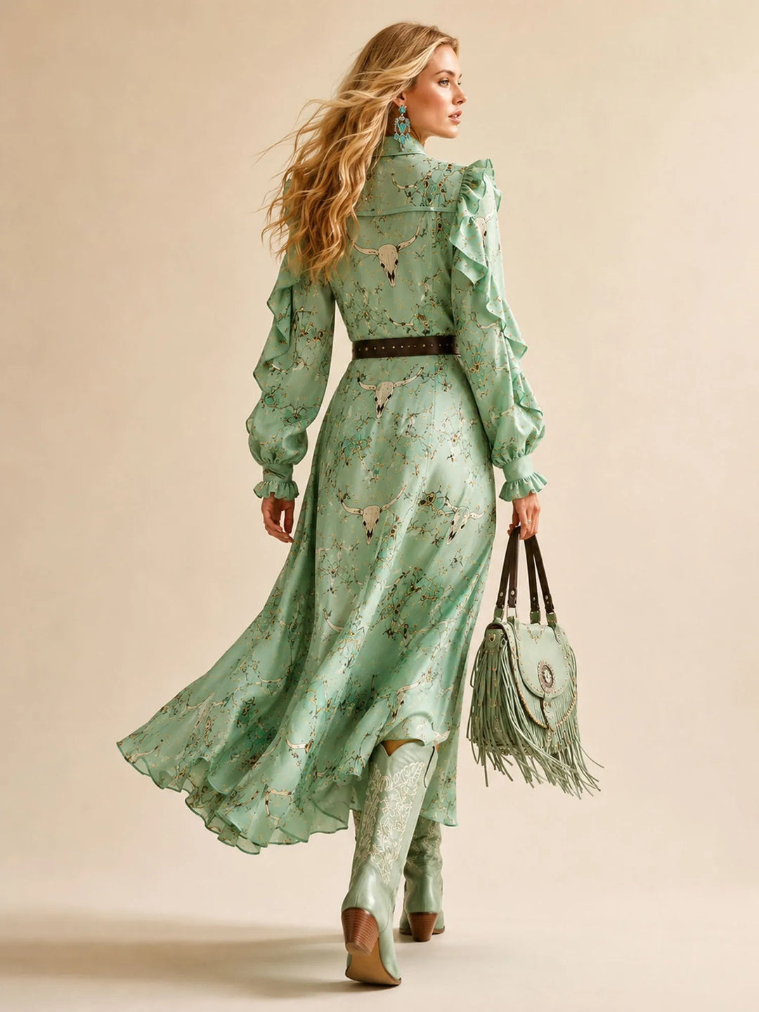 Vintage Western-Print Ruffled Long-Sleeve Slit Maxi Dress (Belt Included)