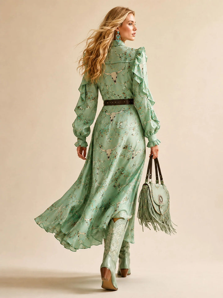 Vintage Western-Print Ruffled Long-Sleeve Slit Maxi Dress (Belt Included)