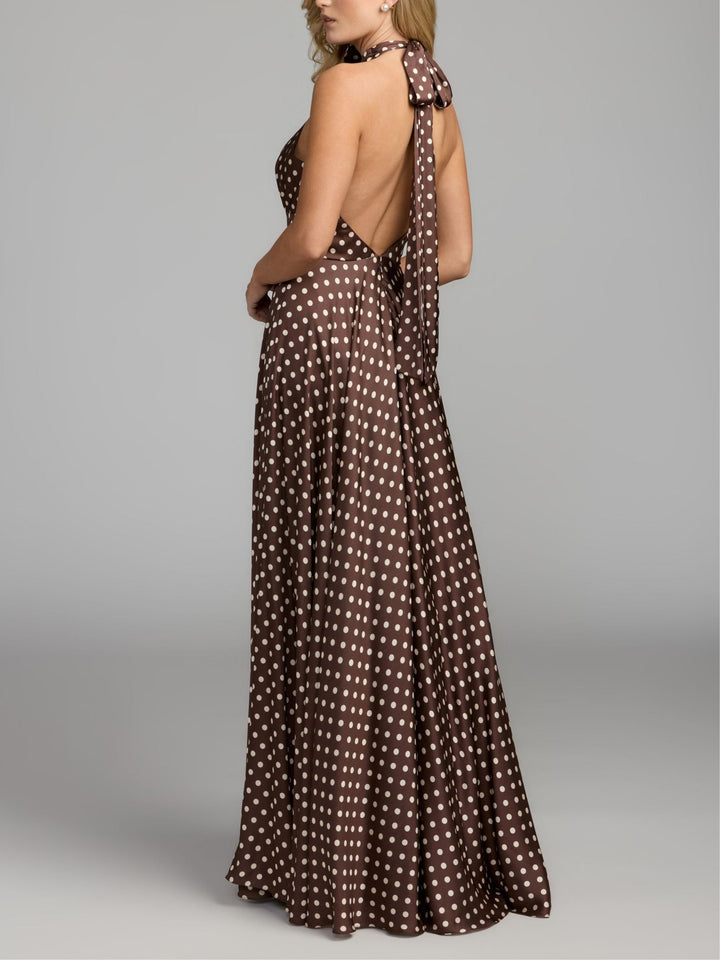 Brown halter-neck maxi dress with polka dots and 3D floral details