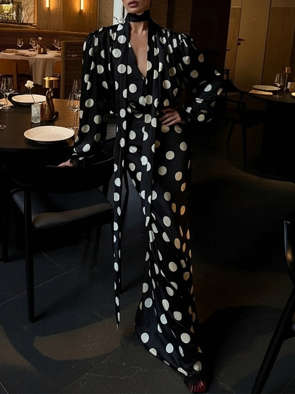 Elegant Polka-Dot V-Neck Puff-Sleeve Waist-Defining Dress