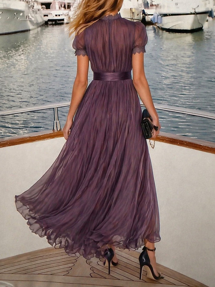 Purple Keyhole Neckline Chiffon Lace Trim Maxi Dress