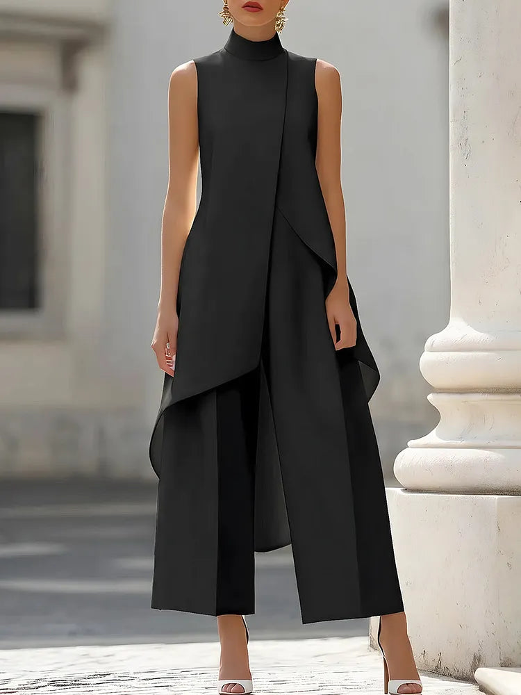High-Neck Asymmetric Top & Wide-Leg Trouser Set