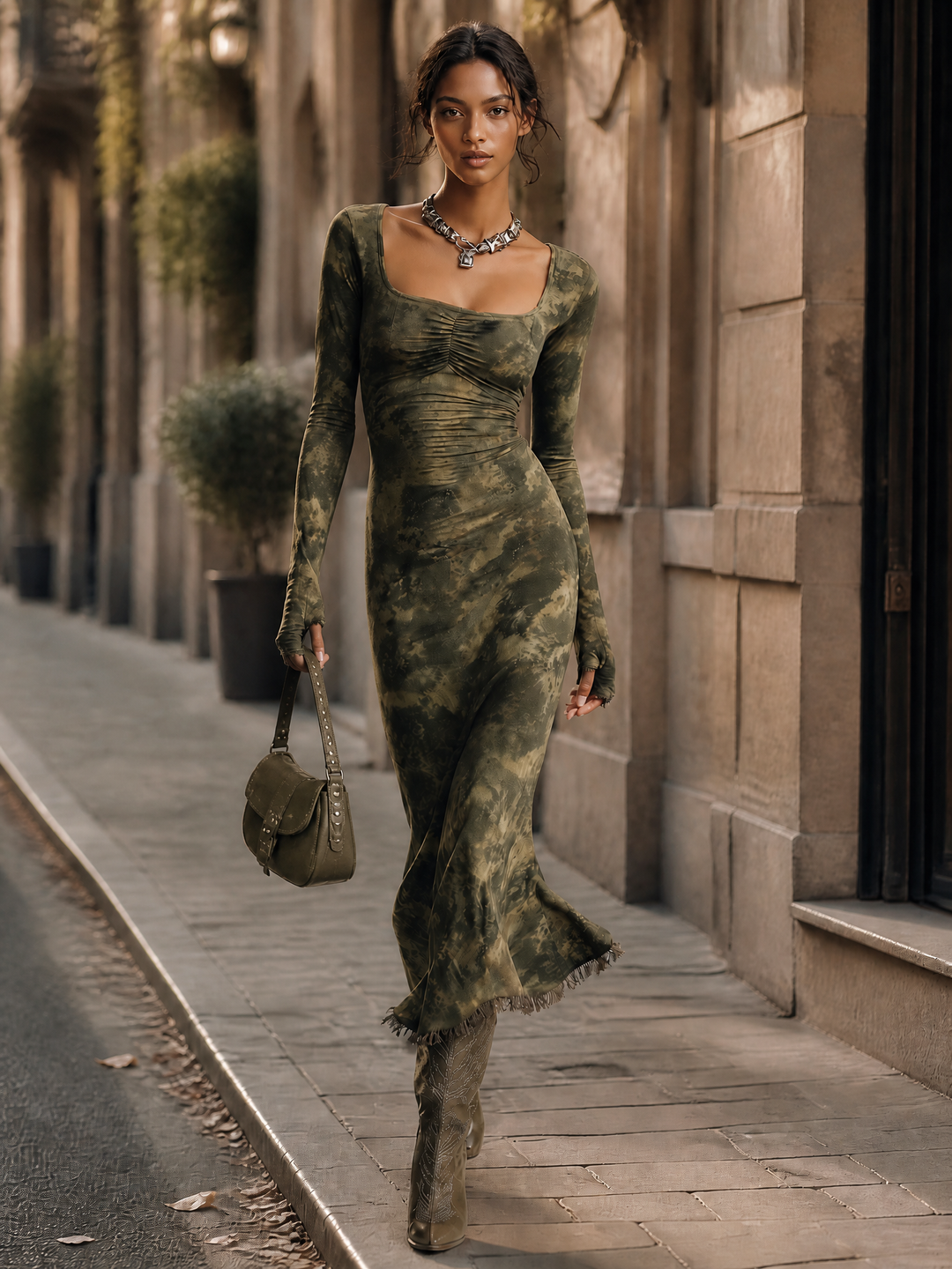 Olive Tie-Dye Ruched Square Neck Fringe Hem Midi Dress