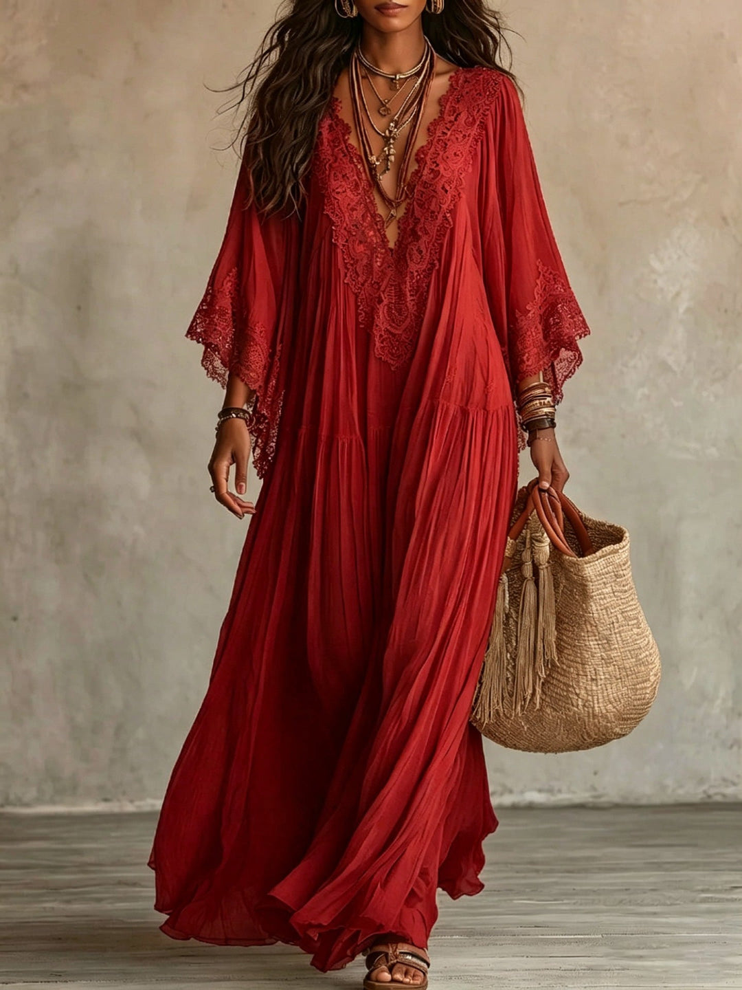 White Lace V-neck Batwing Sleeve Chiffon Maxi Dress