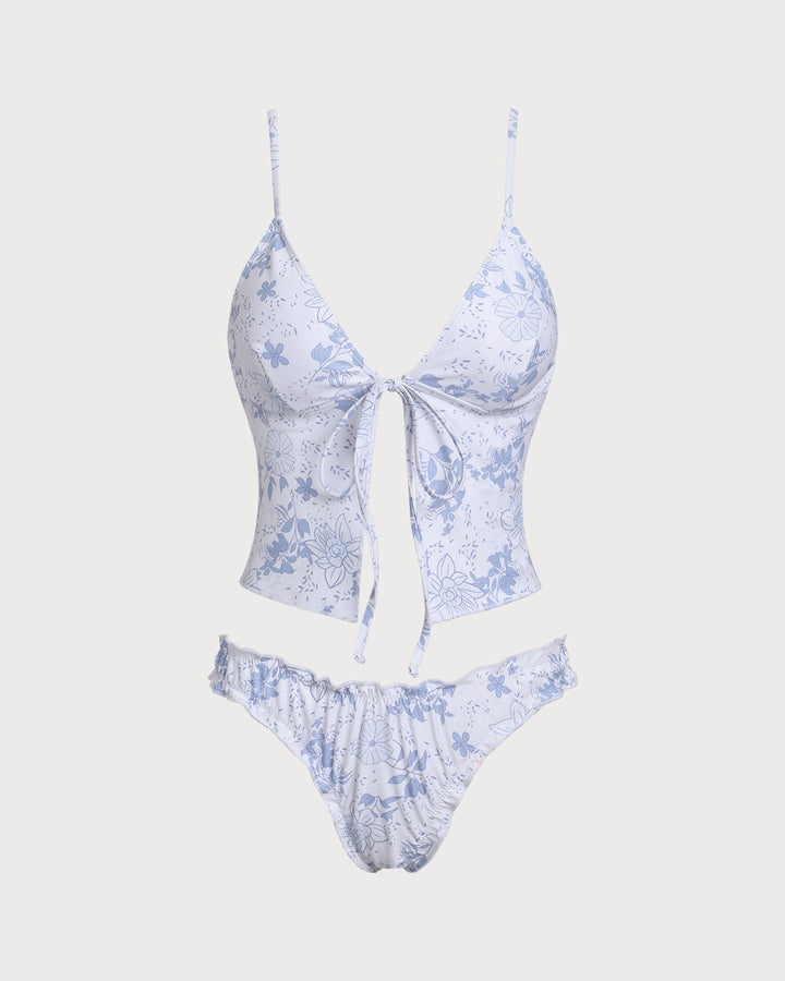 Clara & Sophia | Floral Tie Front Tankini Set for Women in Blue