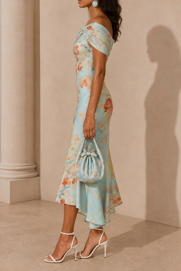 Blue Floral One-Shoulder Mermaid Midi Dress