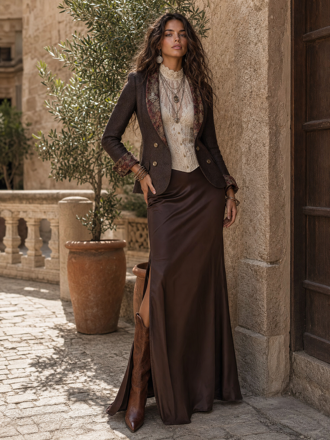 Vintage Herringbone with Floral Print Lapel Blazer