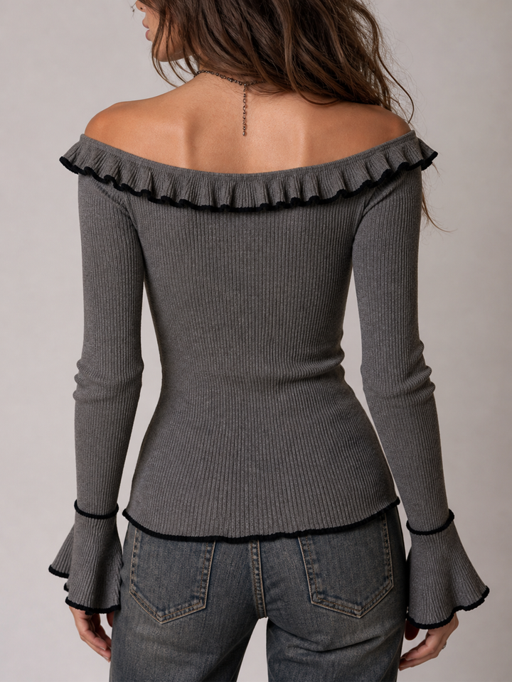Boho Grey Off-Shoulder Ribbed Knit Ruffle Top