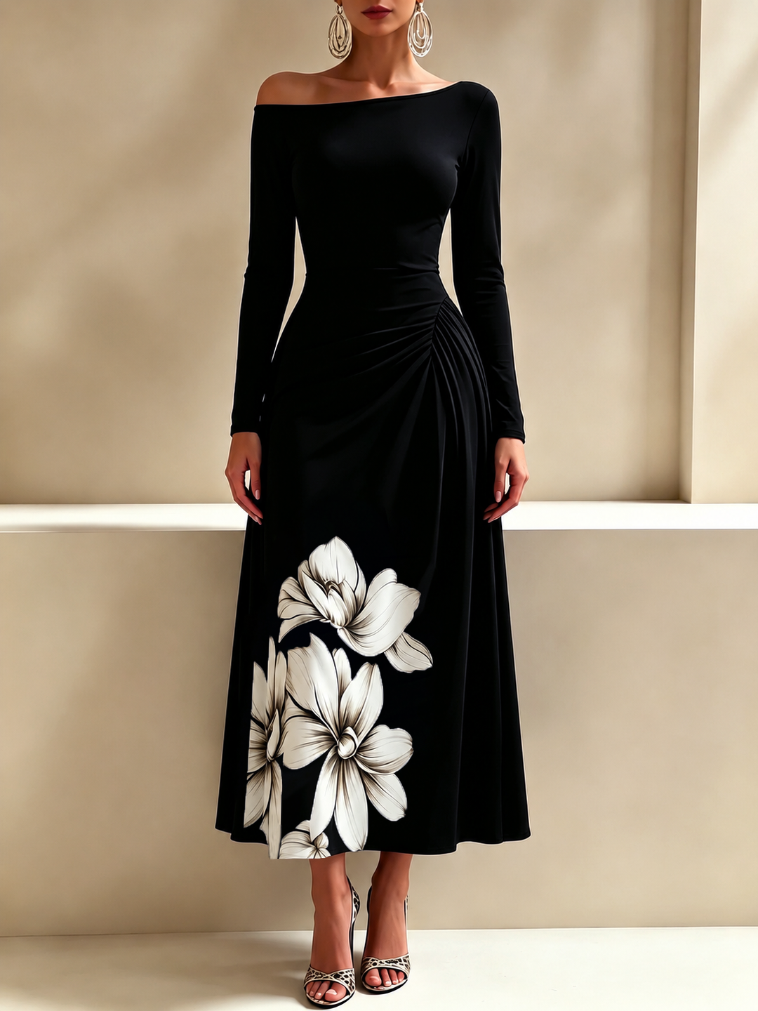 Off Shoulder Long Sleeve Floral Print Midi Dress