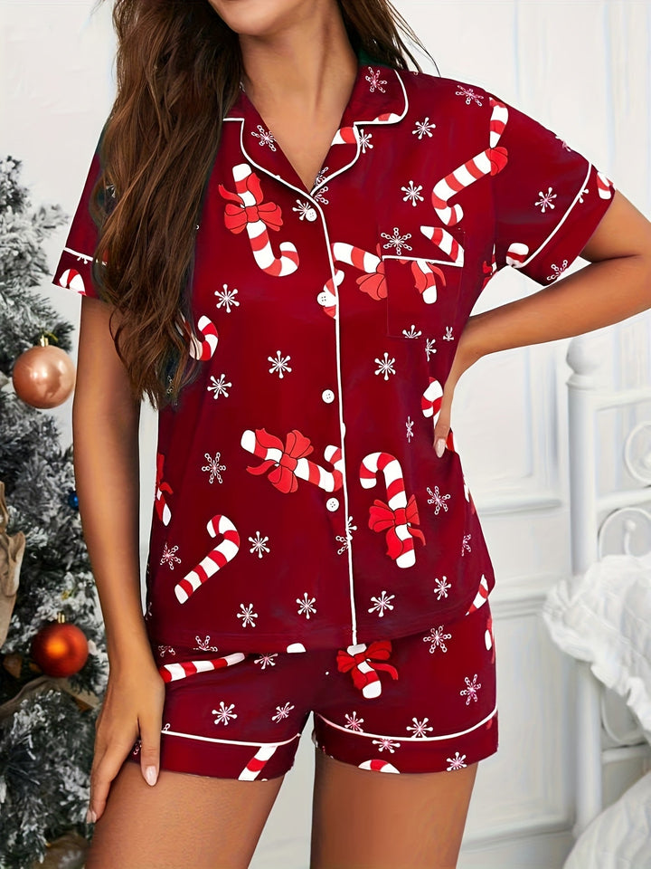 Cozy Candy Cane Print Christmas Holiday Pajamas for Women with Notch Collar Short Sleeve Two Piece Style
