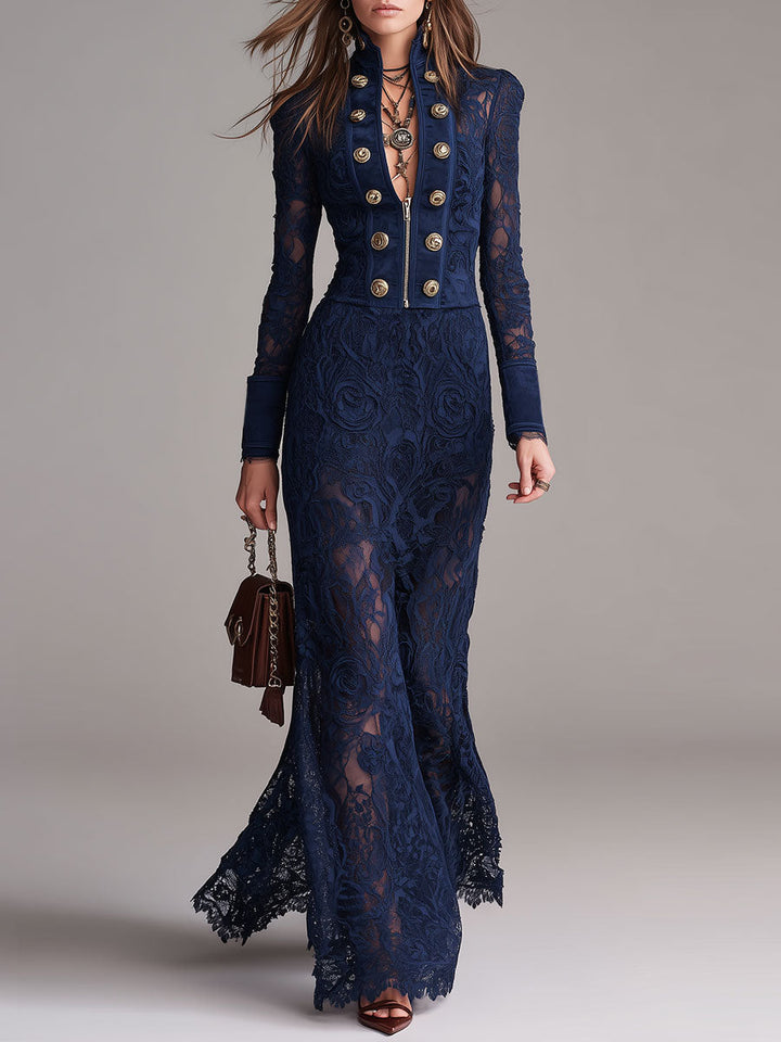 Boho Faux Suede And Lace-panel Double-breasted Maxi Dress