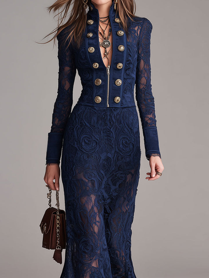 Boho Faux Suede And Lace-panel Double-breasted Maxi Dress