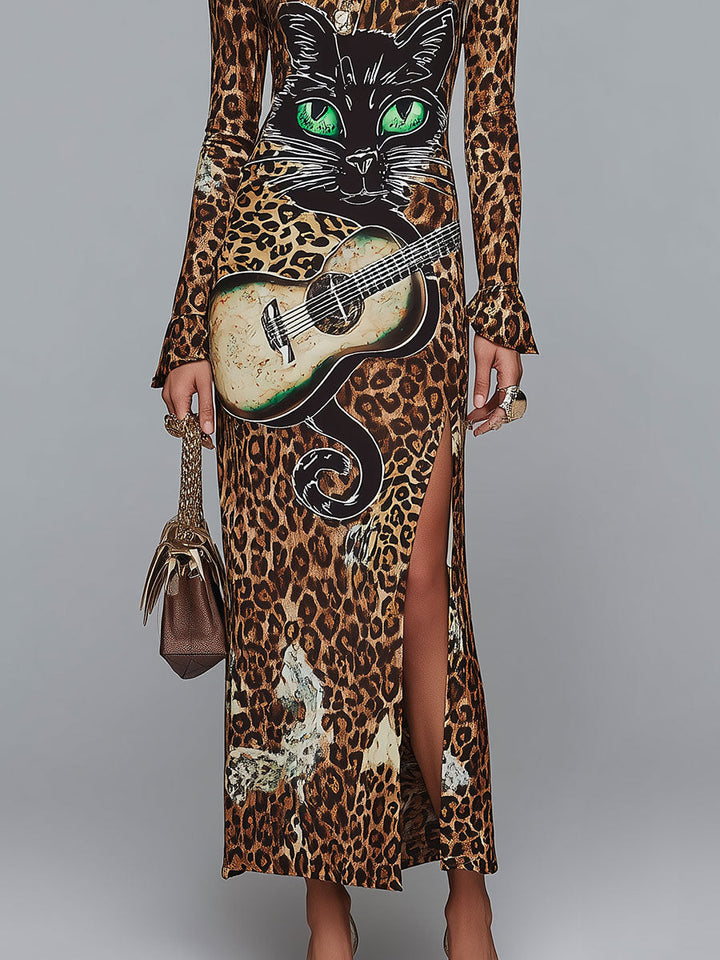 Retro Rock-style Leopard And Cat Print High-slit Maxi Dress
