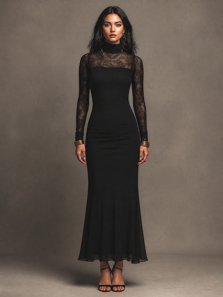 Elegant Lace Splice Long Sleeve Turtleneck Bodycon Maxi Dress