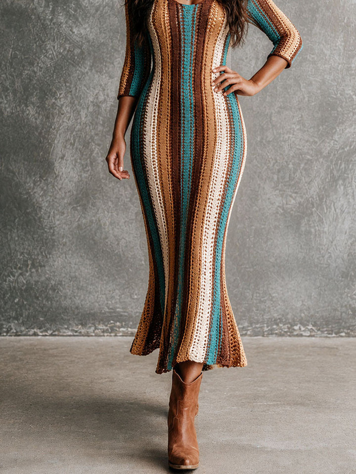 Boho Color Block Vertical Stripe Hollow Knit Mermaid Hem Maxi Dress