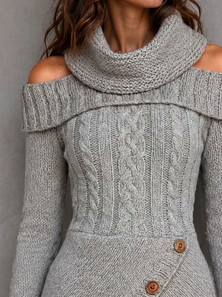 Boho Cowl Neck Cold Shoulder Cable Sweater With Asymmetrical Hem