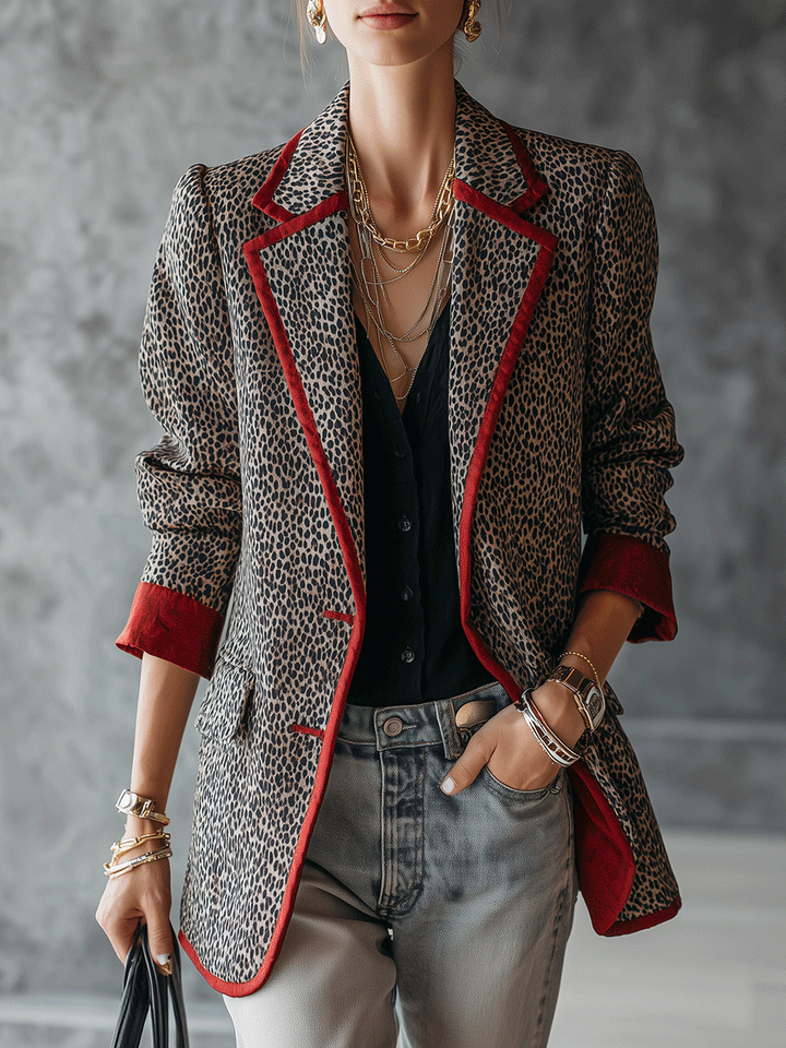 Vintage Luxe Leopard Print Crimson Trim Blazer