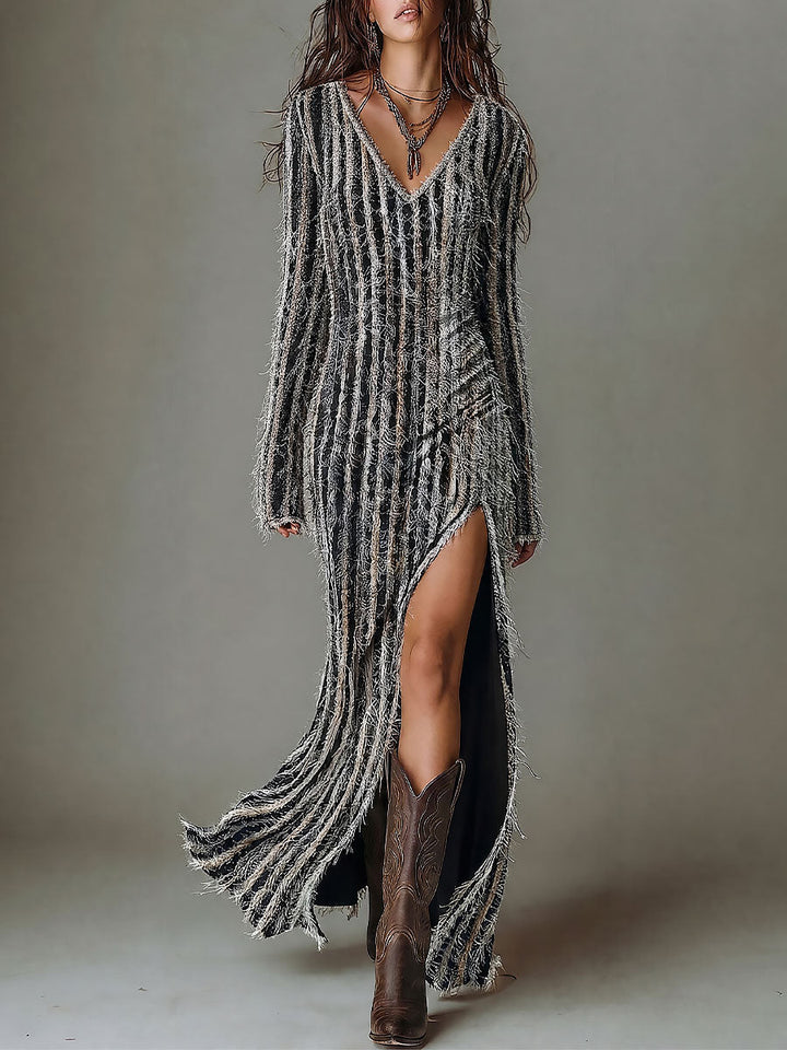 Boho V-Neck Fringe Textured Knit Maxi Dress With High Slit