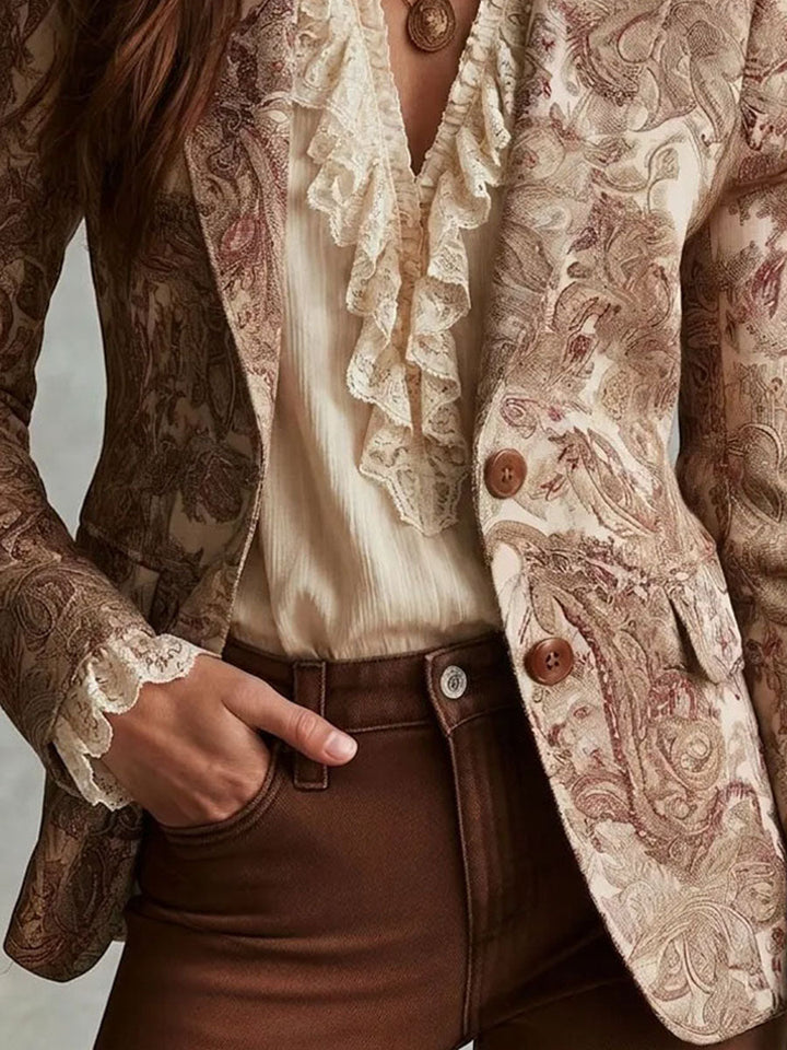 Boho Floral Paisley Print Fitted Lapel Blazer Jacket