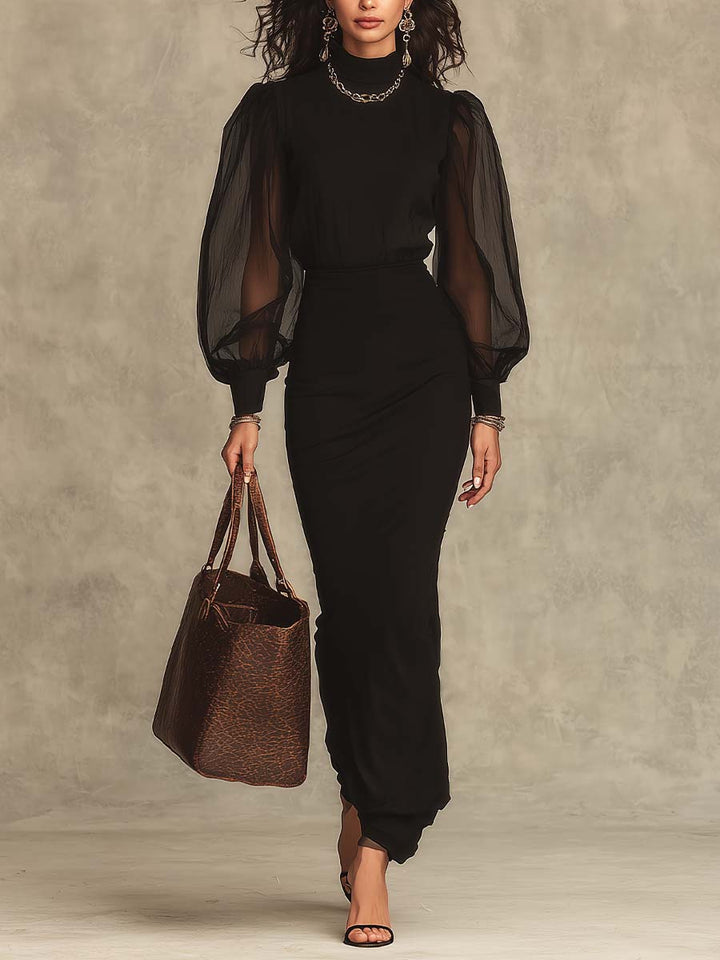 Black High Neck Sheer Organza Balloon Sleeve Stretch Knit Maxi Bodycon Dress