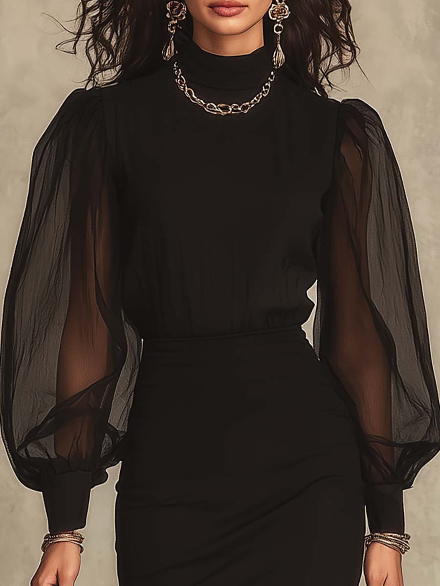 Black High Neck Sheer Organza Balloon Sleeve Stretch Knit Maxi Bodycon Dress