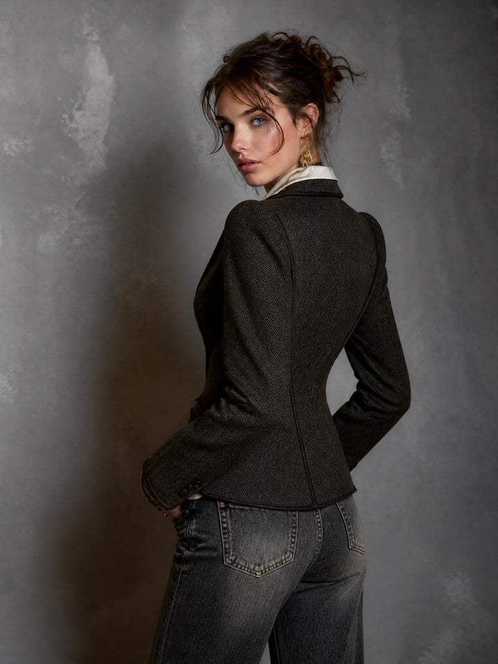 Vintage Tailored Herringbone Blazer with Contrast Lapels