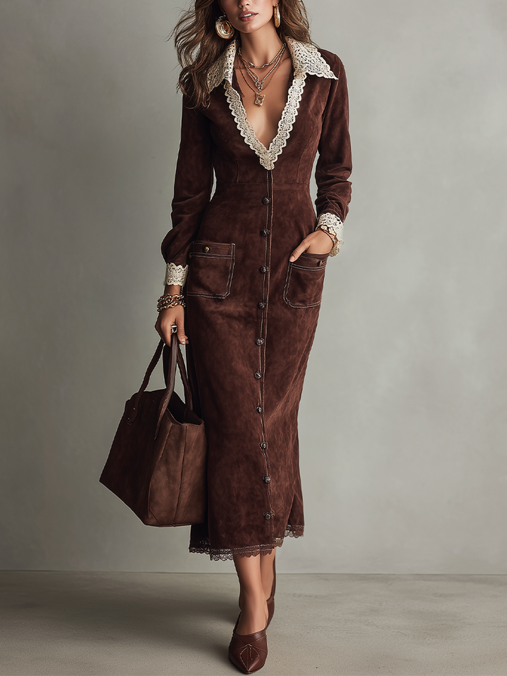 Vintage Chocolate Brown Lace Trim Button Maxi Dress
