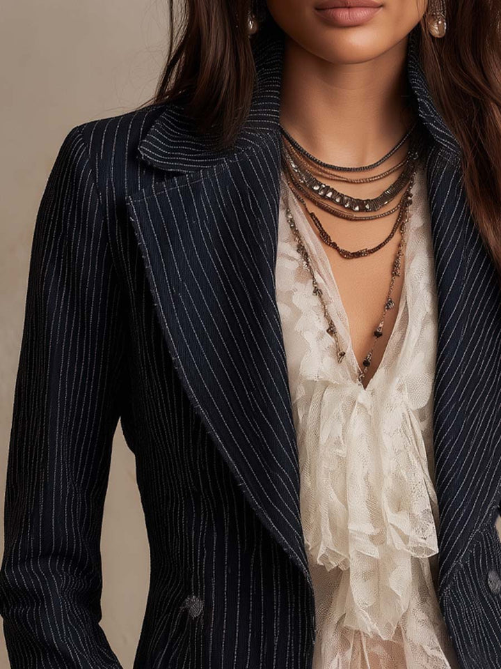 Vintage Denim Pinstripe Double-Breasted Blazer Jacket