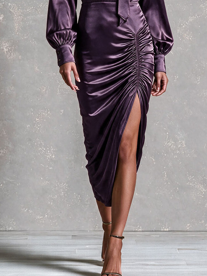 Retro Elegant Bow‑Tie Neck Dark Purple Satin Ruched Slit Midi Dres