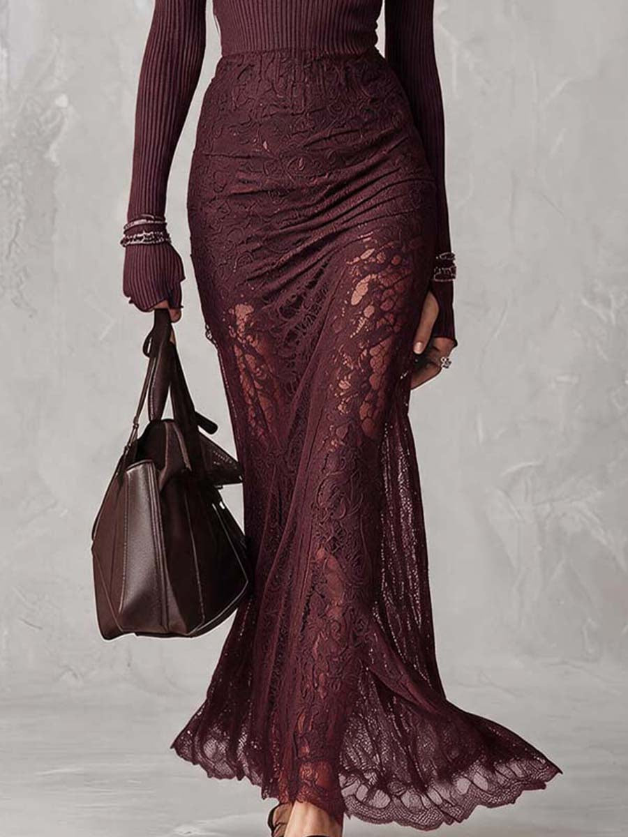 Romantic Bohemian Ribbed Knit Collar Long Sleeve Sheer Lace Maxi Dress