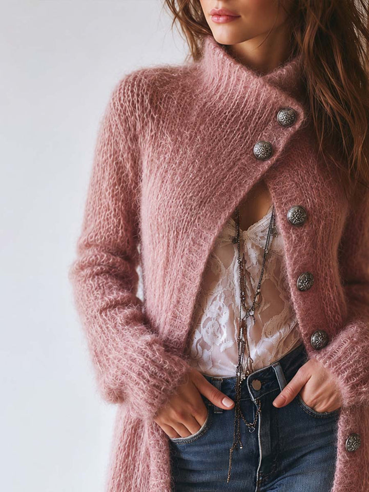 Vintage-style Mohair Asymmetric-placket Mid-length Cardigan