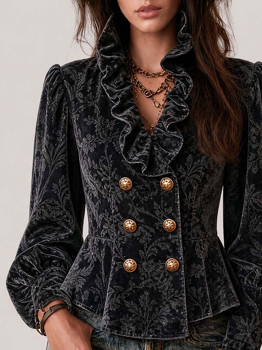 Boho Velvet Floral Jacquard Peplum Blazer Jacket
