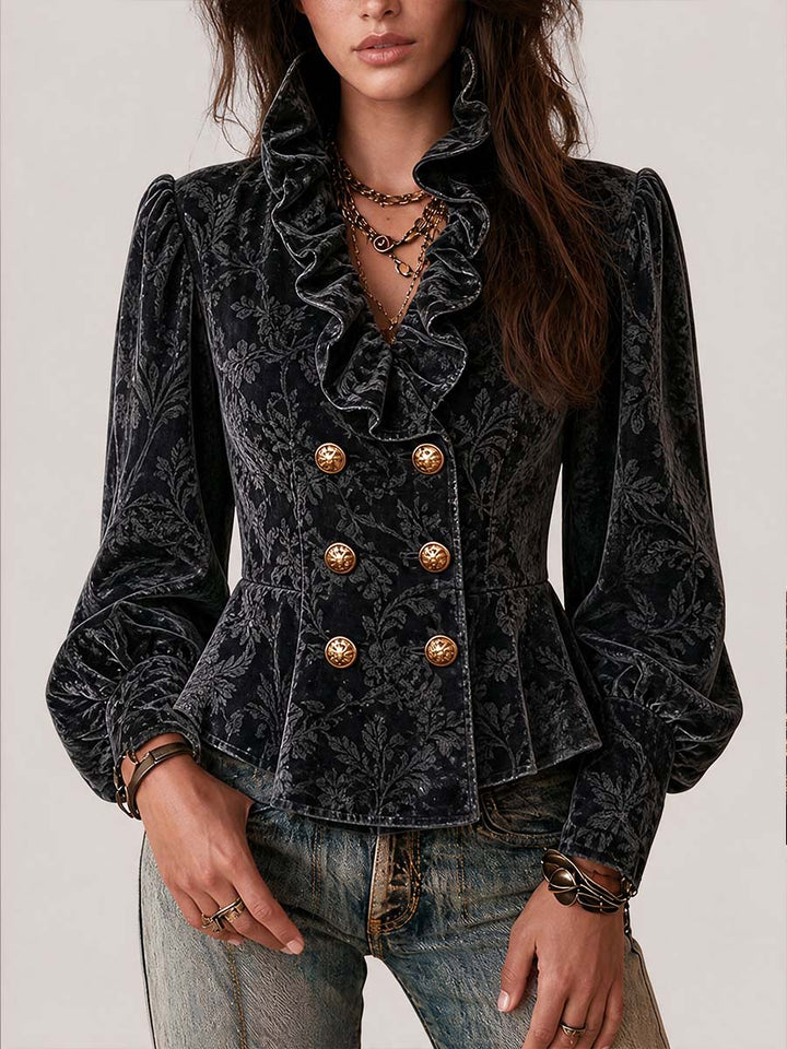 Boho Velvet Floral Jacquard Peplum Blazer Jacket