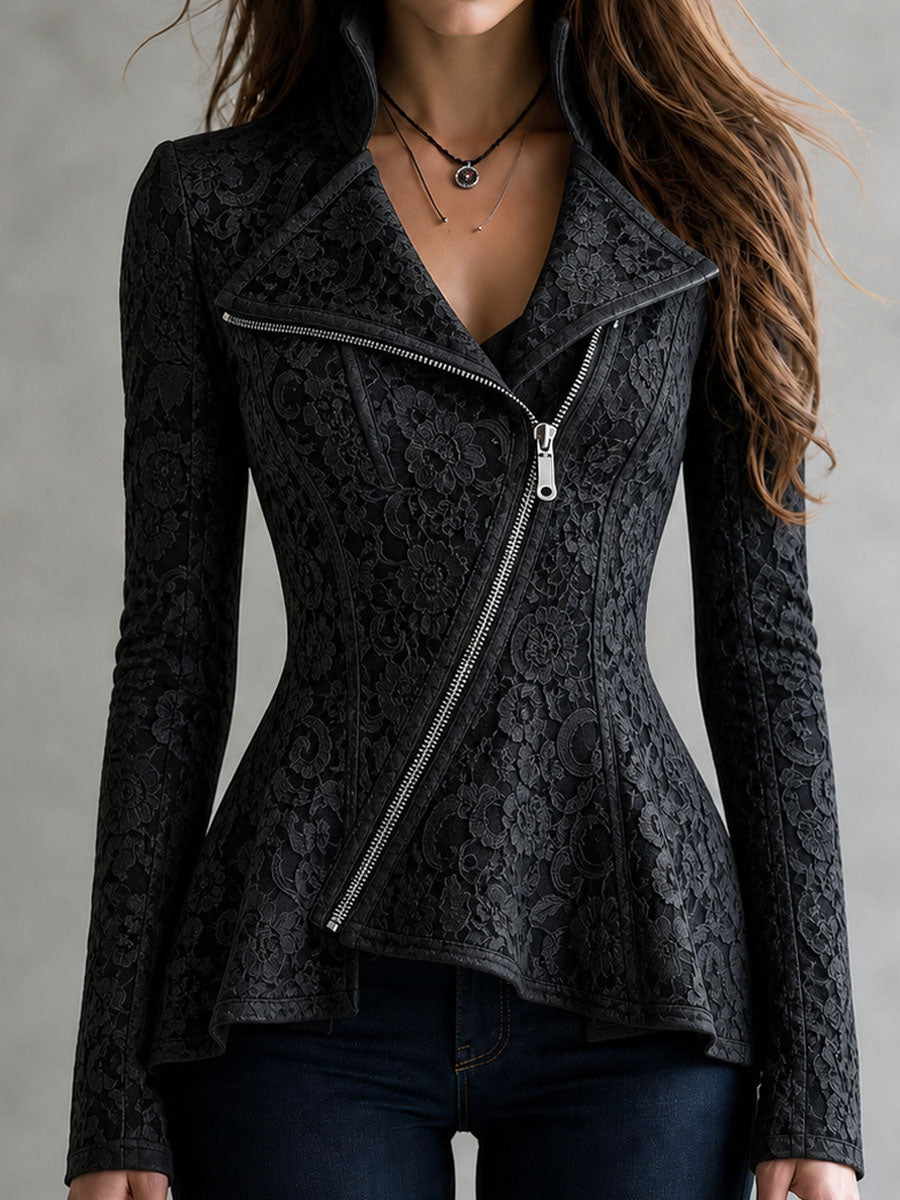 Retro Elegant Diagonal Zipper Lace Biker Jacket