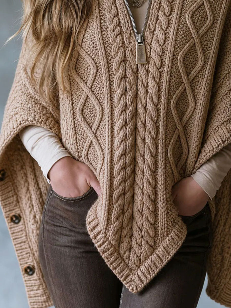 Quiet Luxury Stand Collar Half Zip Cable Knit Poncho Shawl