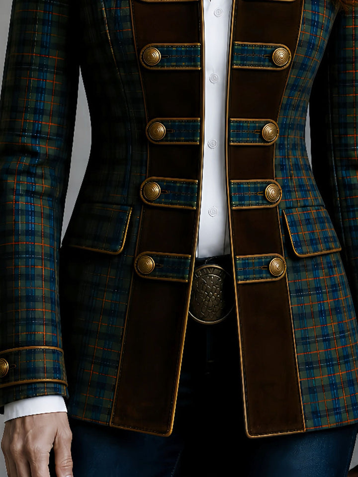 Vintage Stand Collar Scottish Tartan Blazer With Contrast Suede Trim