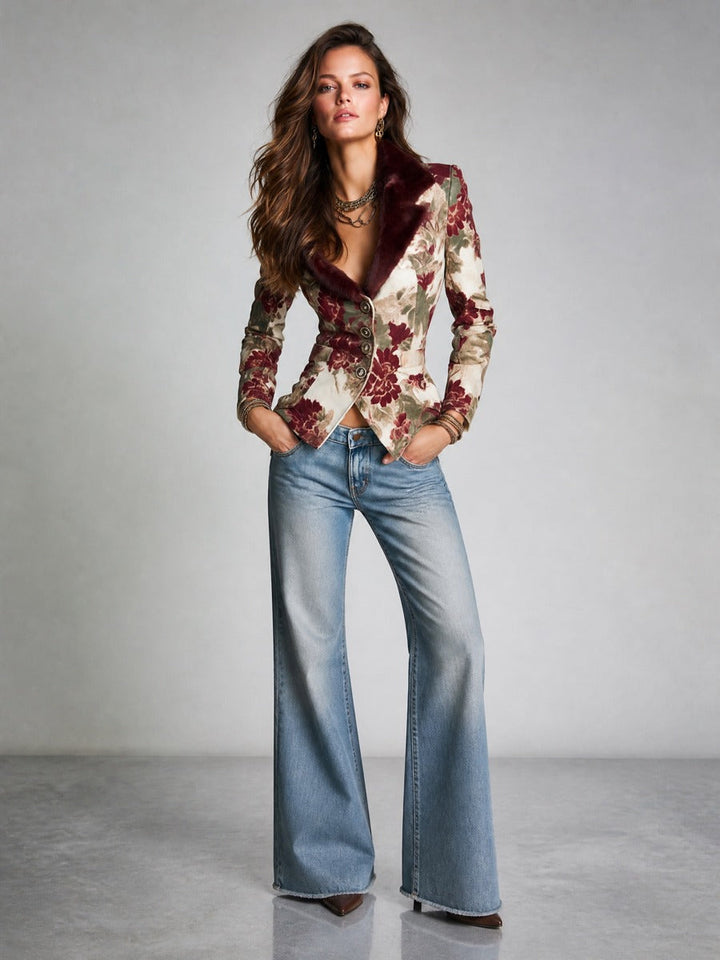 Retro Single-breasted Floral Print Slim-fit Blazer With Faux Fur Collar