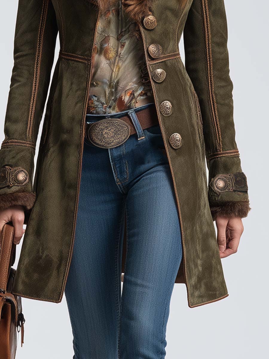 Vintage Faux Fur-collar Polyester Suede Coat