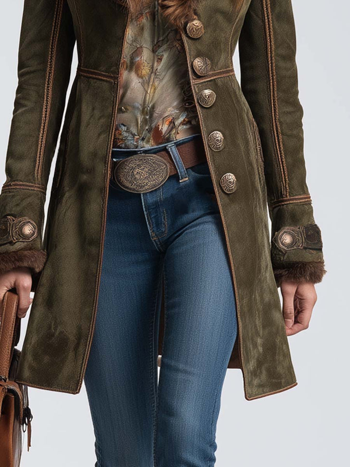 Vintage Faux Fur-collar Polyester Suede Coat
