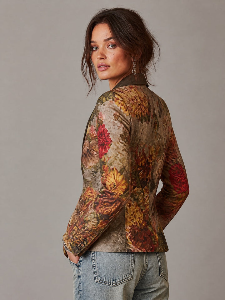 Vintage Floral Print Blazer with Contrast Collar Slim Fit Jacket