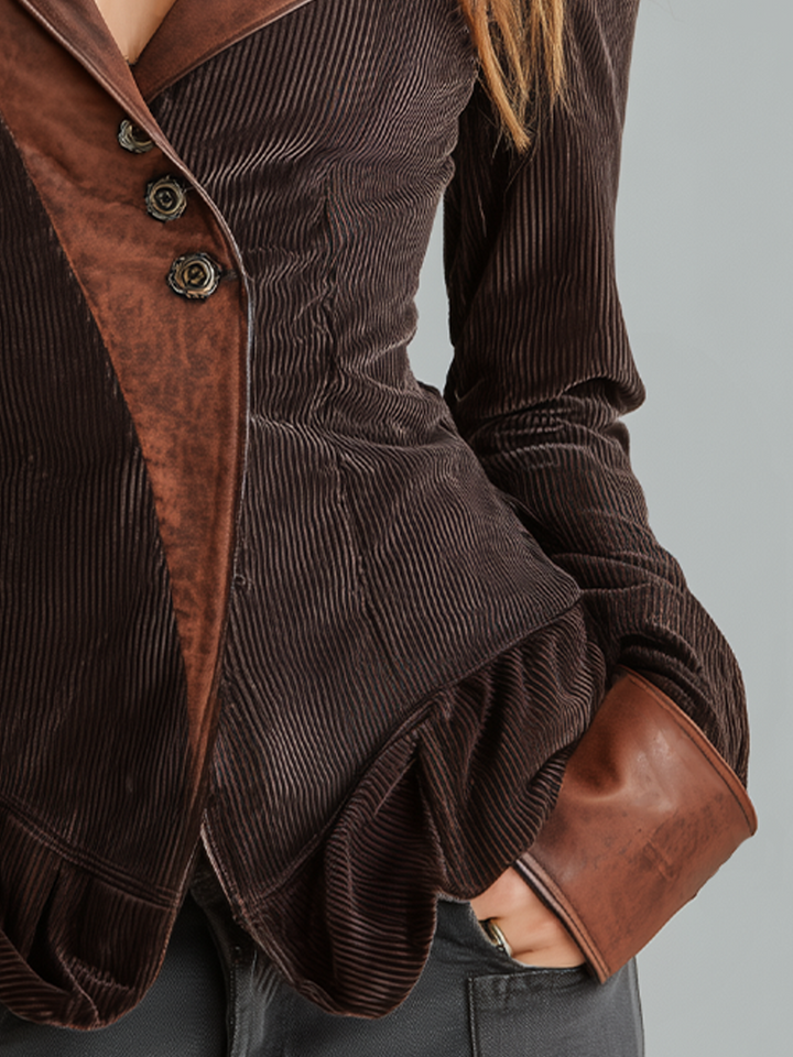 Vintage Chocolate Brown Contrast Lapel Ruffle Jacket