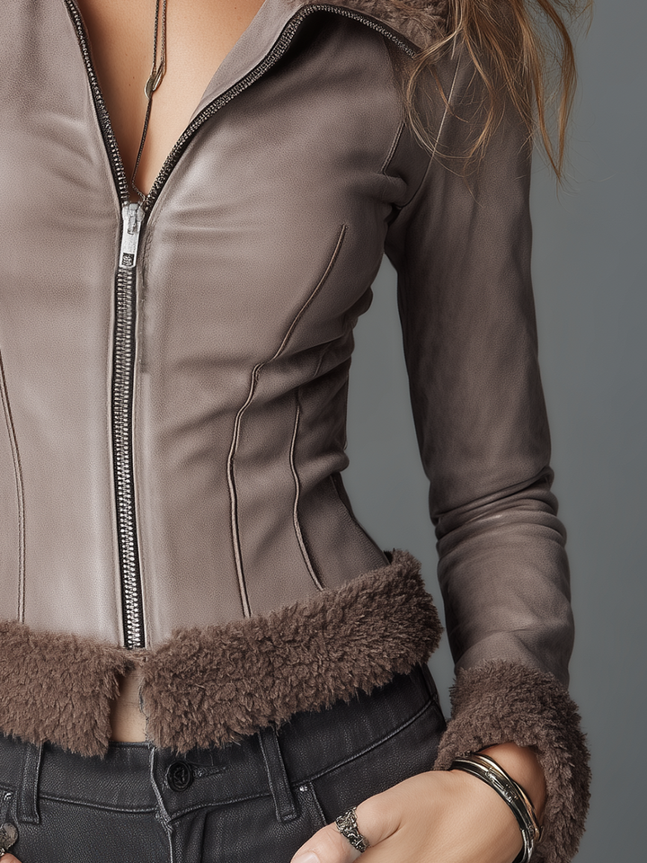 Cozy Taupe Faux Shearling Trim Leather Jacket