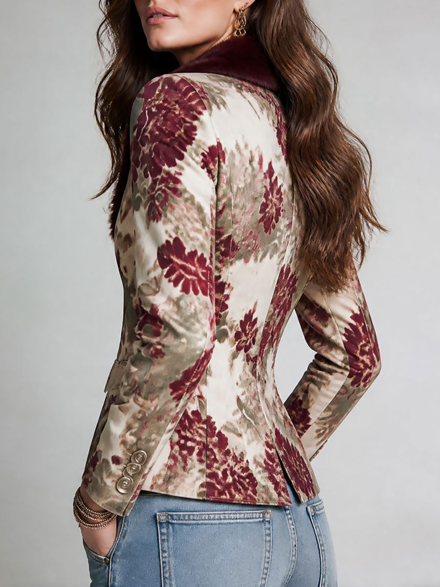 Retro Single-breasted Floral Print Slim-fit Blazer With Faux Fur Collar