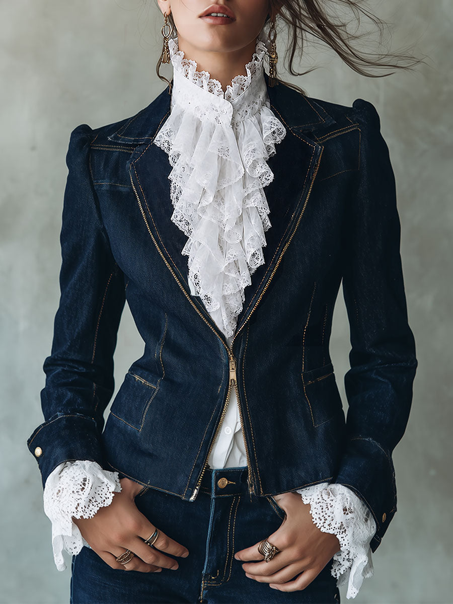 Vintage Lapel Collar Puff Sleeves Denim Jacket With Front Zip