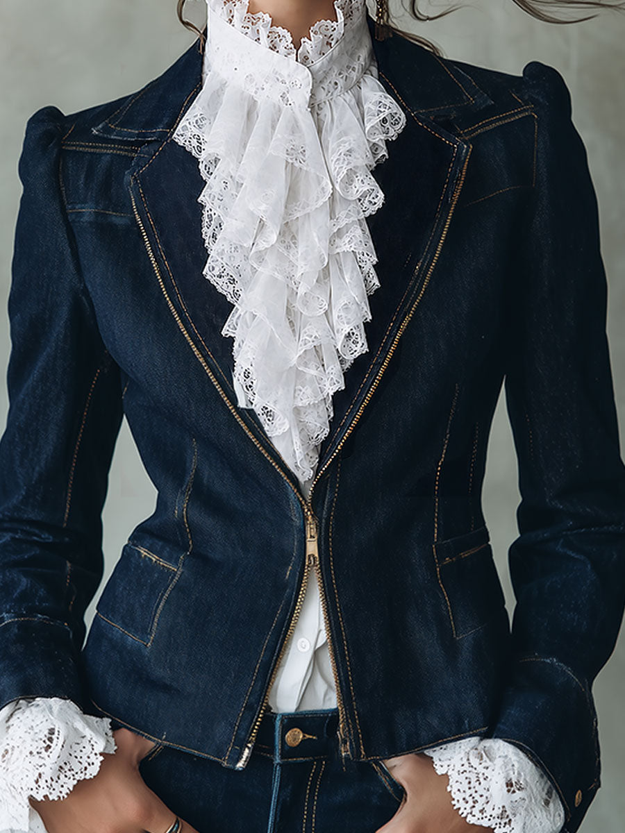 Vintage Lapel Collar Puff Sleeves Denim Jacket With Front Zip