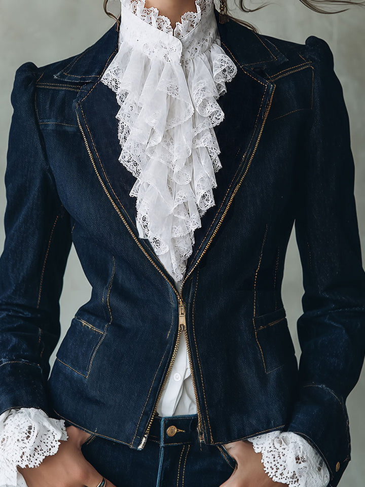 Vintage Lapel Collar Puff Sleeves Denim Jacket With Front Zip