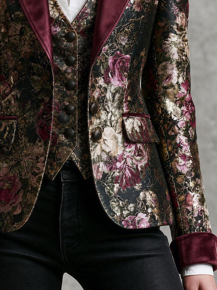 Vintage Baroque Floral Print Burgundy Velvet Trim Blazer